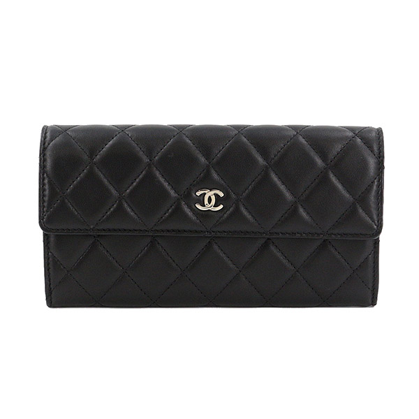 シャネル CHANEL マトラッセ 二つ折り 長財布 レザー ブラック A50096 シルバー 金具