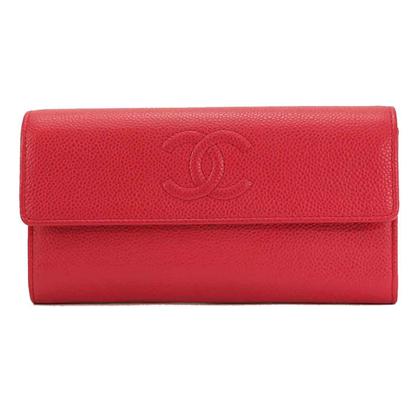 シャネル CHANEL キャビアスキン 二つ折り 長財布 レザー レッド A50070 シルバー 金具