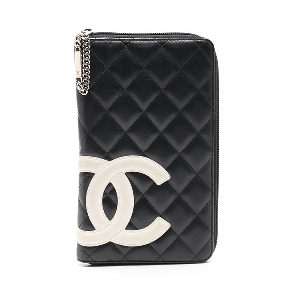 シャネル CHANEL カンボンライン ラウンドファスナー長財布 レザー 黒 白 A48660