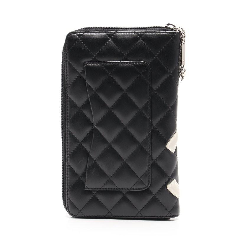 シャネル CHANEL カンボンライン ラウンドファスナー長財布 レザー 黒 白 A48660