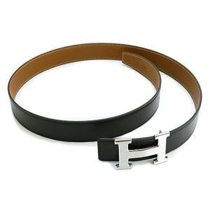 エルメスベルト HERMES エルメス レザーベルト メンズ　レザー シルバーバックル R刻印 ブラック×ブラウン he-be-6801