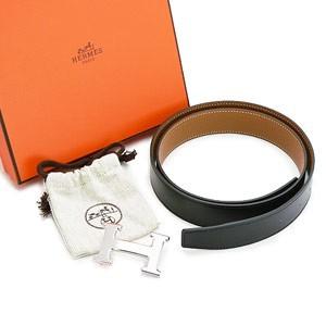 エルメスベルト HERMES エルメス レザーベルト メンズ　レザー シルバーバックル R刻印 ブラック×ブラウン he-be-6801