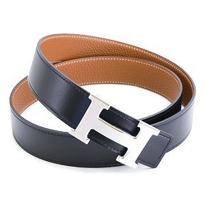 エルメスベルト HERMES エルメス レザーベルト メンズ　レザー シルバーバックル R刻印 ブラック×ブラウン he-be-6801