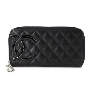 シャネル CHANEL カンボンライン ラウンドファスナー 長財布 レザー エナメル ブラック A50078
