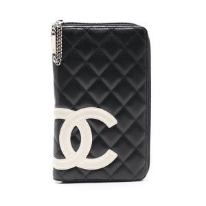 シャネル CHANEL カンボンライン ラウンドファスナー長財布 レザー 黒 白 A48660