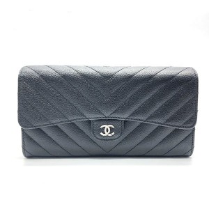 CHANEL シャネル A80758 Vステッチ フラップ シェブロン CC ココマーク 長財布（小銭入れあり） キャビアスキン ブラック×シルバー金具 レディース