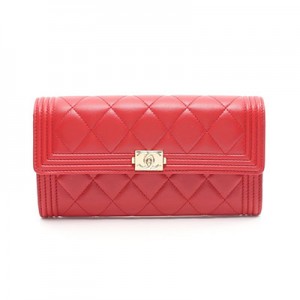 シャネル CHANEL ボーイシャネル 二つ折り長財布 ラムスキン 赤 ゴールド金具 A80286