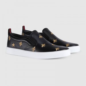 GUCCI ビー＆スター付☆ブラックレザー*スリッポンスニーカー 407364 AXWB0 1076