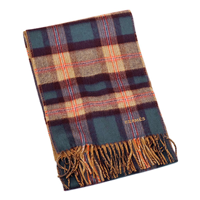 エルメスマフラー HERMES Back to School カシミア マフラー グリーン×キャメル [メンズ] H393745T 05