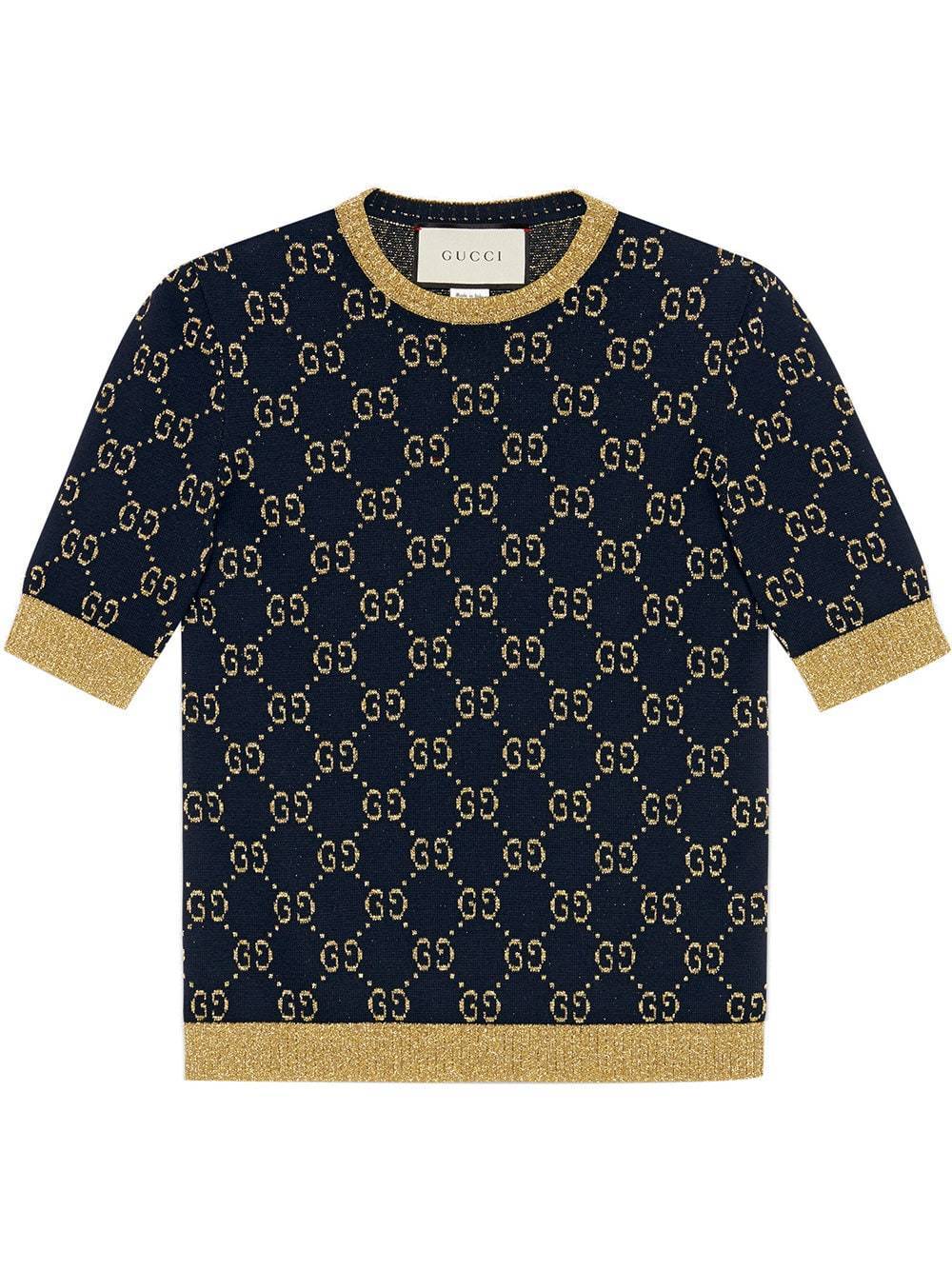 グッチ GUCCI GG Lurexモチーフ☆リブニットブルーコットンセーター 526759 X9W83 4921