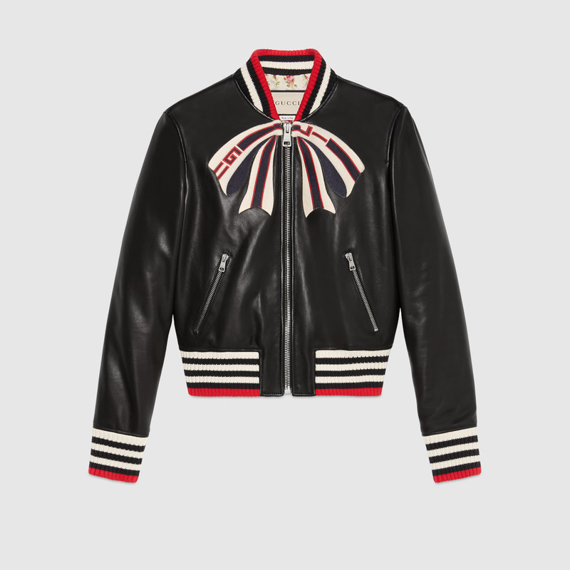 グッチ GUCCI グッチボウ付きレザーボンバージャケット 514687 XG634 1082