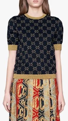 グッチ GUCCI GG Lurexモチーフ☆リブニットブルーコットンセーター 526759 X9W83 4921