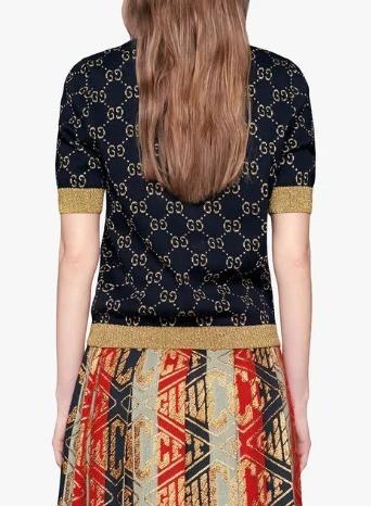 グッチ GUCCI GG Lurexモチーフ☆リブニットブルーコットンセーター 526759 X9W83 4921