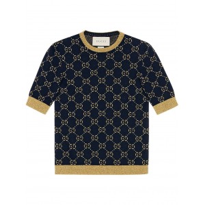 グッチ GUCCI GG Lurexモチーフ☆リブニットブルーコットンセーター 526759 X9W83 4921