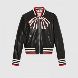 グッチ GUCCI グッチボウ付きレザーボンバージャケット 514687 XG634 1082
