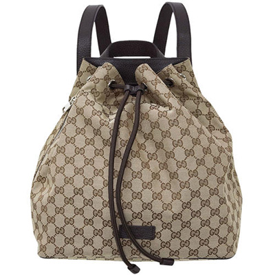 グッチ バッグ　GUCCI　バックパック　巾着　リュックサック　GGキャンバス　ベージュ　型押しカーフブラウン　アウトレット  449175-9790​