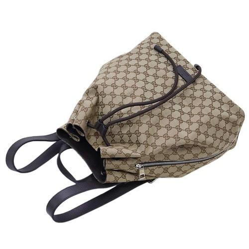 グッチ バッグ　GUCCI　バックパック　巾着　リュックサック　GGキャンバス　ベージュ　型押しカーフブラウン　アウトレット  449175-9790​