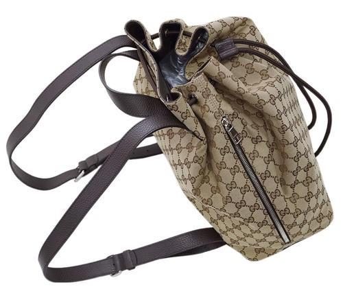 グッチ バッグ　GUCCI　バックパック　巾着　リュックサック　GGキャンバス　ベージュ　型押しカーフブラウン　アウトレット  449175-9790​
