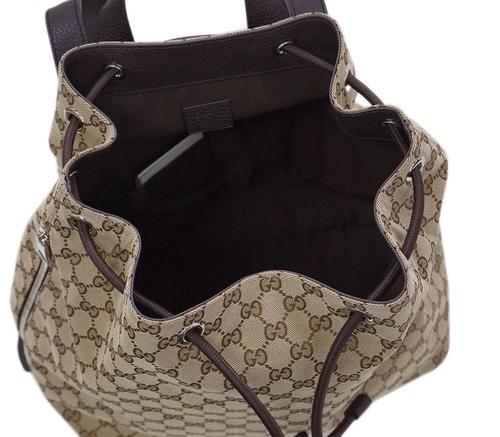 グッチ バッグ　GUCCI　バックパック　巾着　リュックサック　GGキャンバス　ベージュ　型押しカーフブラウン　アウトレット  449175-9790​