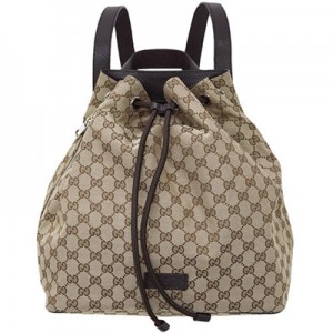 グッチ バッグ　GUCCI　バックパック　巾着　リュックサック　GGキャンバス　ベージュ　型押しカーフブラウン　アウトレット  449175-9790​