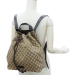 グッチ バッグ　GUCCI　バックパック　巾着　リュックサック　GGキャンバス　ベージュ　型押しカーフブラウン　アウトレット  449175-9790​