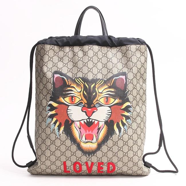 GUCCI グッチ GGスプリーム アングリーキャット バックパック リュックサック カーキベージュ ブラック 黒 マルチカラー 473872 204991
