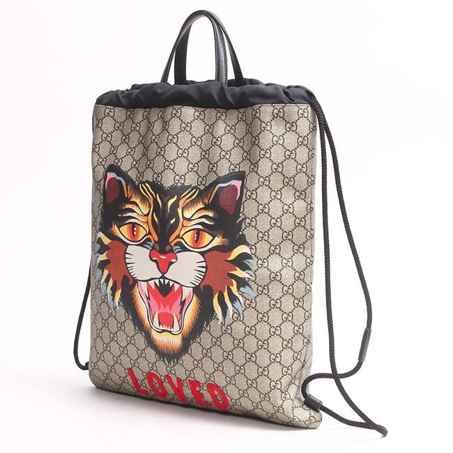GUCCI グッチ GGスプリーム アングリーキャット バックパック リュックサック カーキベージュ ブラック 黒 マルチカラー 473872 204991