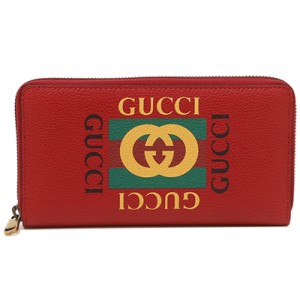 グッチ GUCCI グッチプリント レザー ラウンドファスナー長財布 ロゴ×レッド [レディース] 496317 0GDAT 6461