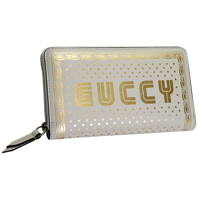 グッチ 財布 レディース 510488 GUCCI ラウンドファスナー長財布 GUCCYロゴ プリント レザー オフホワイト系×ゴールド 510488 0GUTN 8711