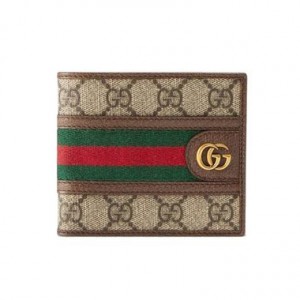 GUCCIグッチ メンズ 小銭入れ付き２つ折財布 ダブルGロゴ コーティグGGキャンバス グリーン×レッド ウェブライン オフディア 二つ折り財布 597609 96IWT 8745