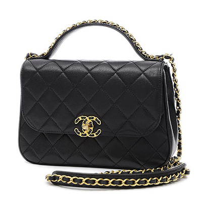 シャネル トップハンドル　フラップバッグ　レザー　ブラック　ゴールド金具　AS0970