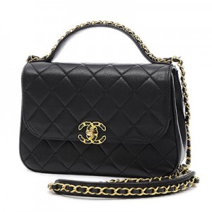 シャネル トップハンドル　フラップバッグ　レザー　ブラック　ゴールド金具　AS0970