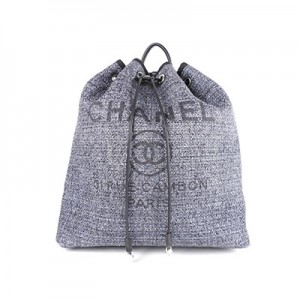 シャネル ドーヴィル 巾着 バックパック リュックサック ナイロン キャンバス レザー グリフォンセ グレー ブラック シルバー金具 A57513