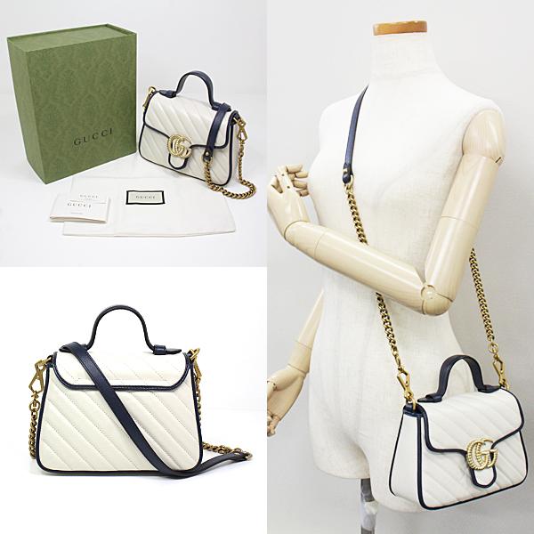 グッチ GUCCI GGマーモント ミニ トップハンドルバッグ ホワイトレザー/ダークブルー/ゴールド金具 ダブルG 583571 0OLFX 9085