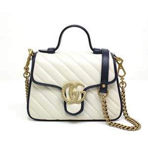 グッチ GUCCI GGマーモント ミニ トップハンドルバッグ ホワイトレザー/ダークブルー/ゴールド金具 ダブルG 583571 0OLFX 9085