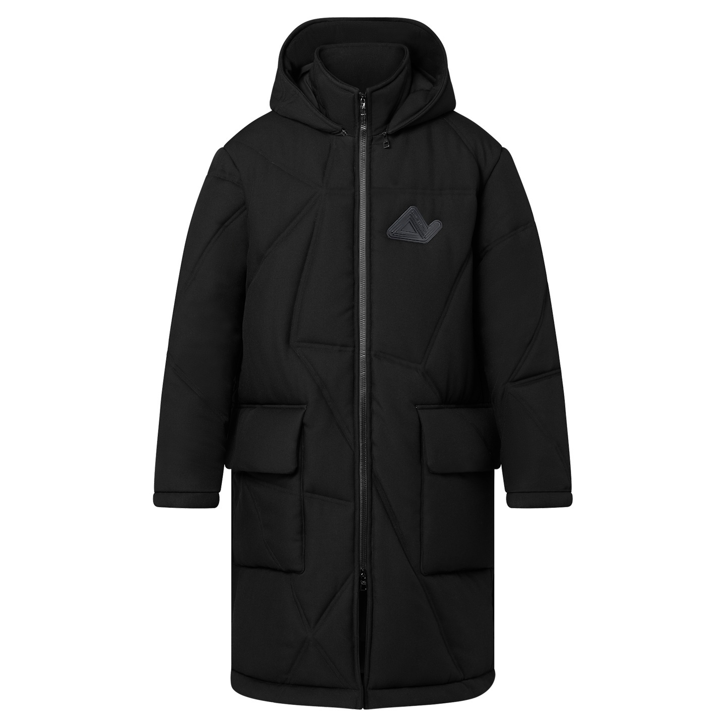 ルイ・ヴィトン LV 撥水ウール パデッド フード ロング コート ブラック 1AFAF3