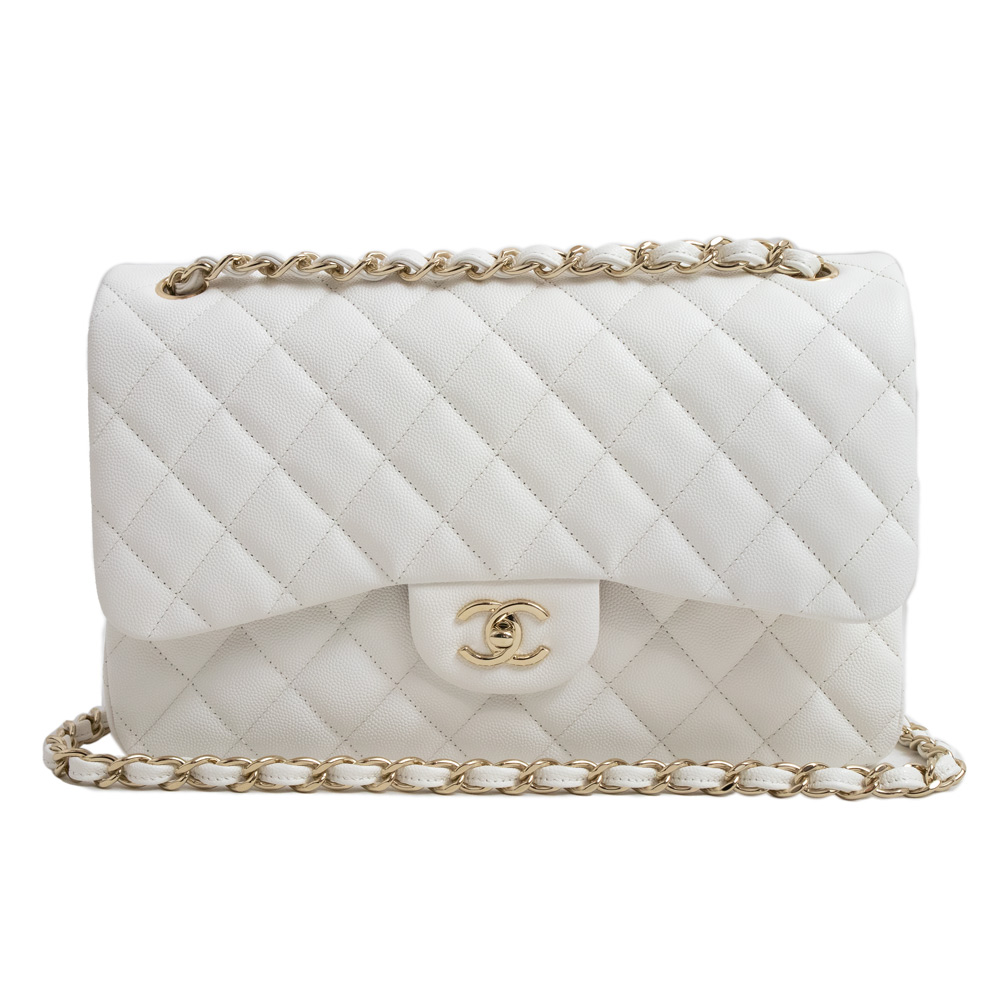 シャネル CHANEL デカマトラッセ 30 Wフラップ Wチェーン ショルダーバッグ 2Way 斜め掛け キャビアスキン レザー ホワイト A58600