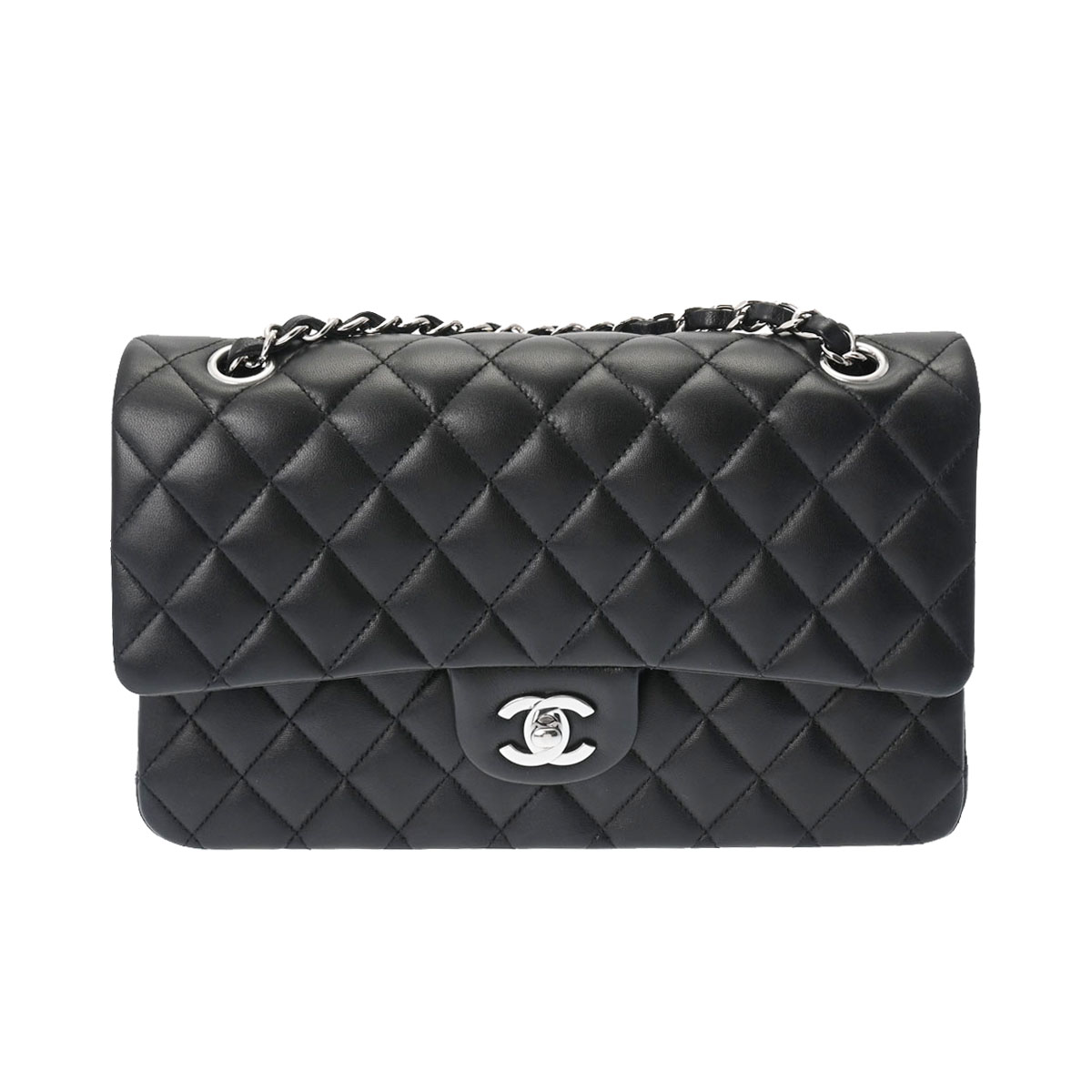 CHANEL シャネル Wフラップ チェーンショルダー 25cm 黒 シルバー金具 レディース ラムスキン ショルダーバッグ A01112