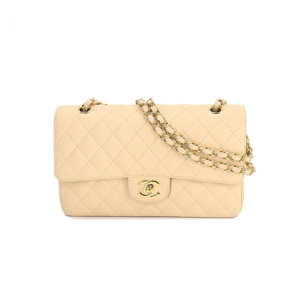 シャネル CHANEL マトラッセ 25 チェーン ショルダー バッグ キャビアスキン ベージュ ゴールド 金具 ココマーク A01112