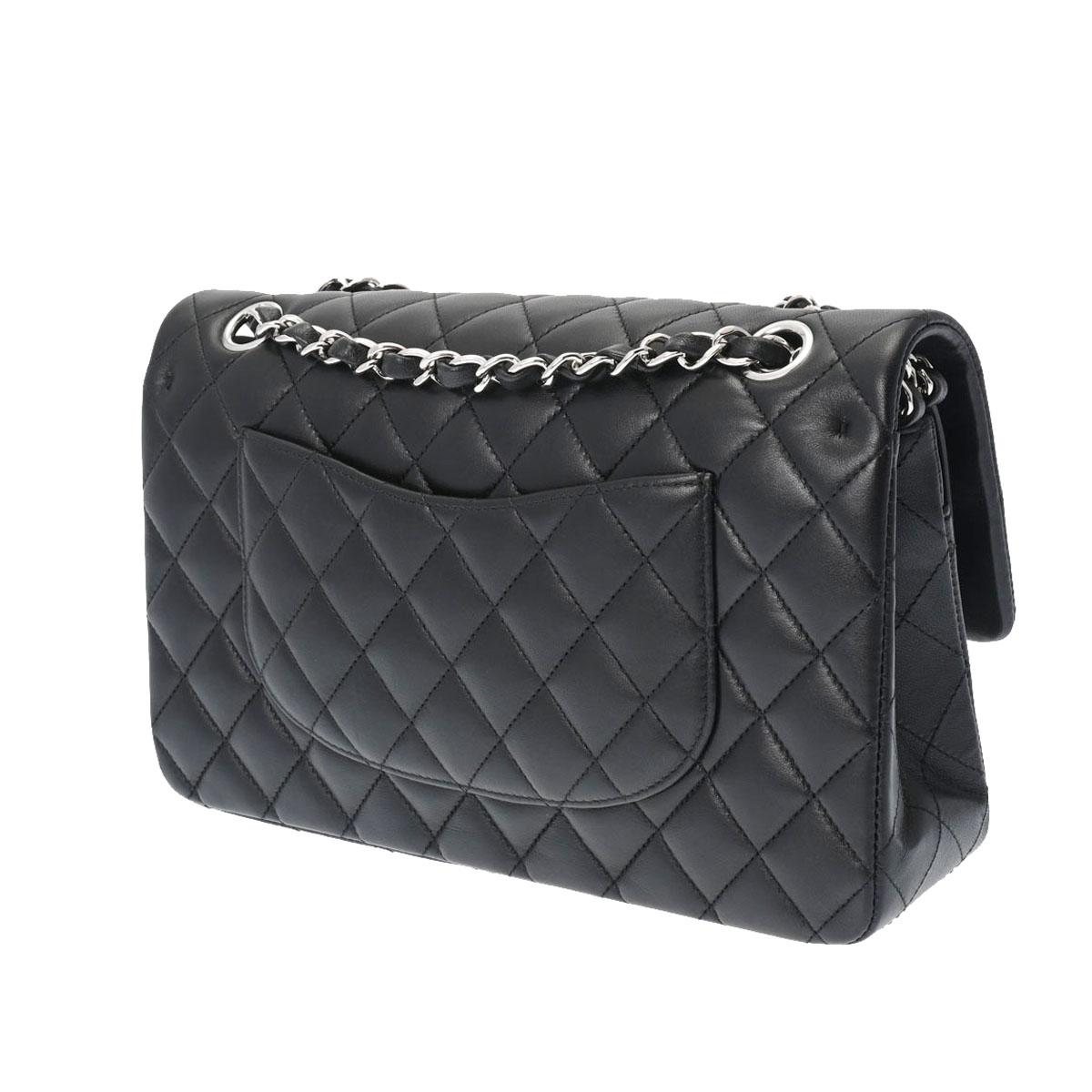 CHANEL シャネル Wフラップ チェーンショルダー 25cm 黒 シルバー金具 レディース ラムスキン ショルダーバッグ A01112