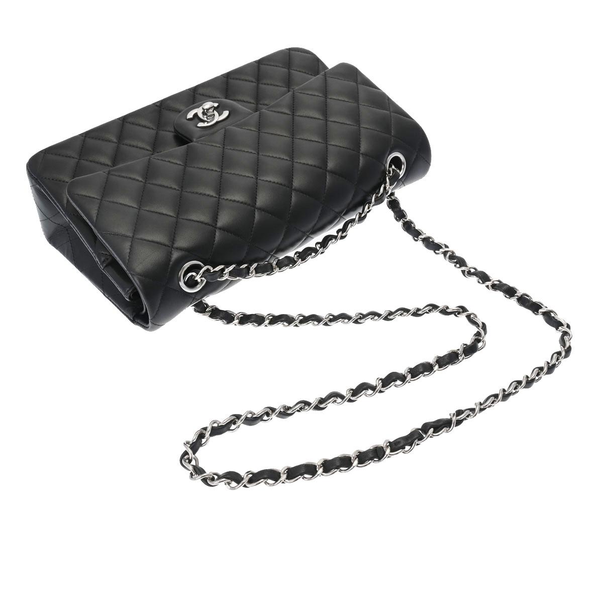 CHANEL シャネル Wフラップ チェーンショルダー 25cm 黒 シルバー金具 レディース ラムスキン ショルダーバッグ A01112