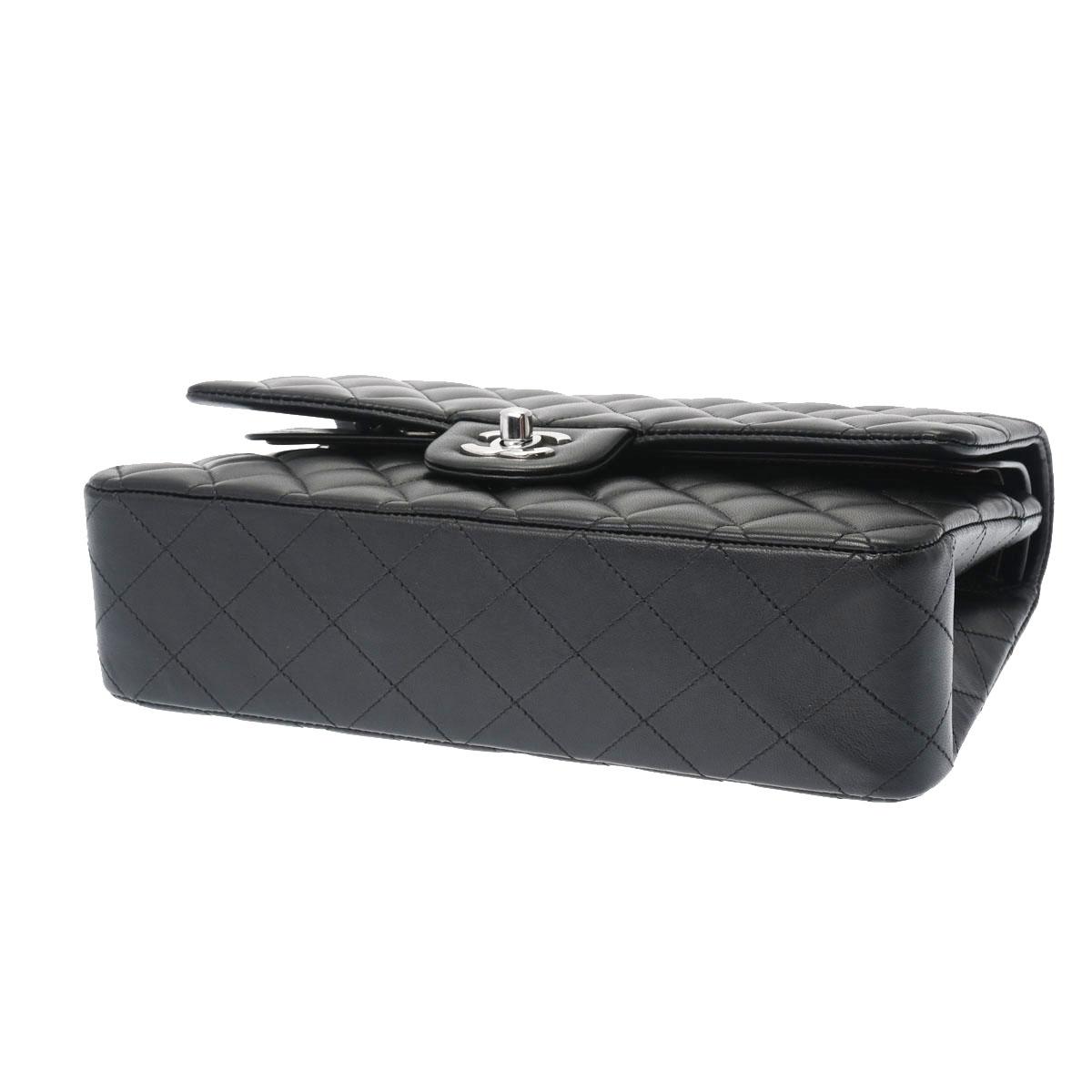 CHANEL シャネル Wフラップ チェーンショルダー 25cm 黒 シルバー金具 レディース ラムスキン ショルダーバッグ A01112