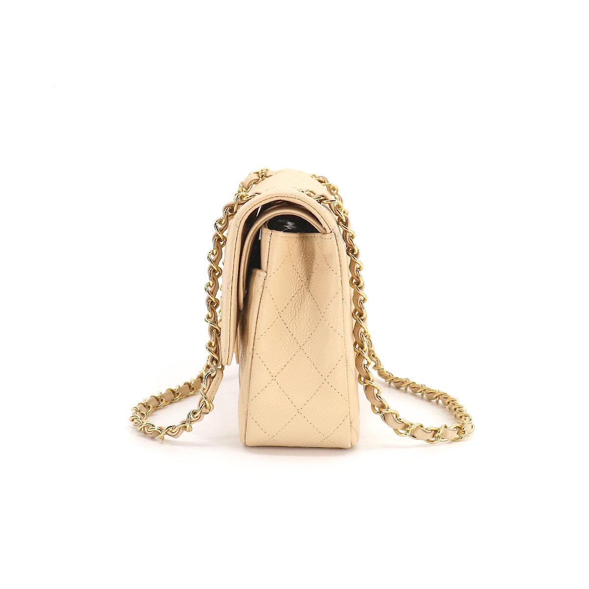 シャネル CHANEL マトラッセ 25 チェーン ショルダー バッグ キャビアスキン ベージュ ゴールド 金具 ココマーク A01112