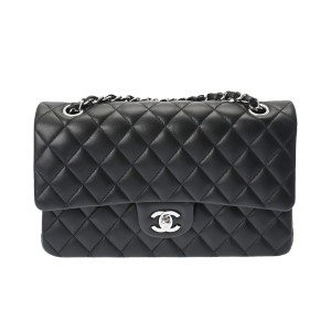 CHANEL シャネル Wフラップ チェーンショルダー 25cm 黒 シルバー金具 レディース ラムスキン ショルダーバッグ A01112