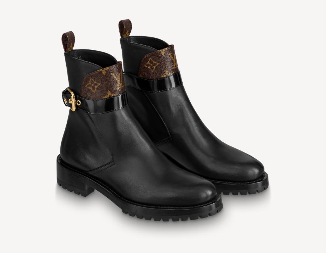 ルイヴィトン LV フラットブーツ 黒 モノグラム ベルト 靴 シンプル 1A868L