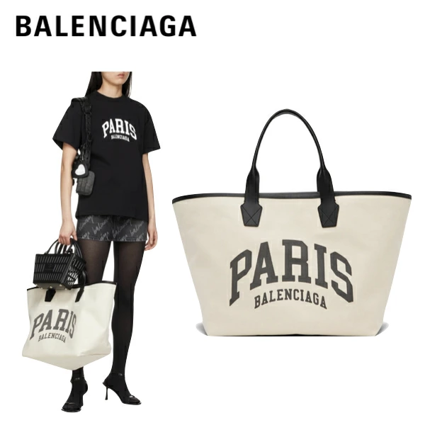BALENCIAGA代引 PARIS トートバッグ 大容量 ボストン ホワイト キャンバス レザー 革 メンズ レディース カバン  689271 2AABU 9092