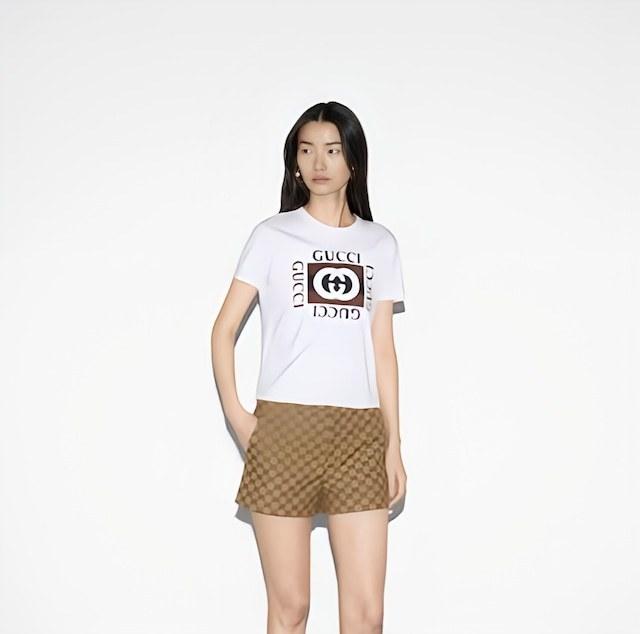 グッチ プリント コットンジャージー Tシャツ、ホワイト 787299 XJGNV 9875