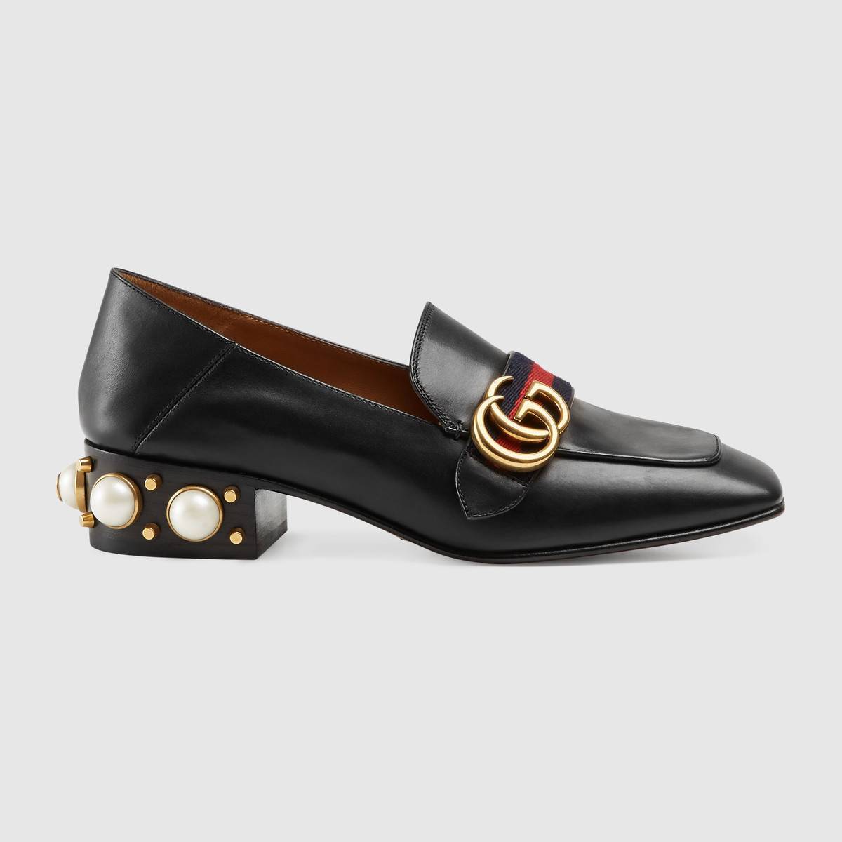 GUCCI グッチ GGパールウェブ付レザーミッドヒールローファー 423559 DKHC0 1061