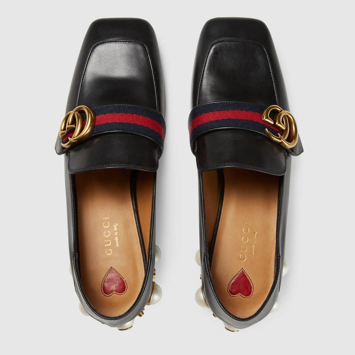 GUCCI グッチ GGパールウェブ付レザーミッドヒールローファー 423559 DKHC0 1061