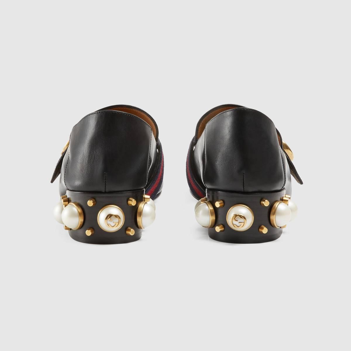 GUCCI グッチ GGパールウェブ付レザーミッドヒールローファー 423559 DKHC0 1061